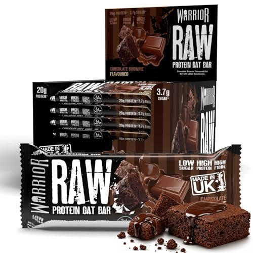 Warrior RAW Protein Flapjack 24 x 75g – 20g High Protein Bars, Low Sugar High Fibre Oat Bars – Protein Bars 24 Pack & Protein Snacks (Chocolate Brownie)