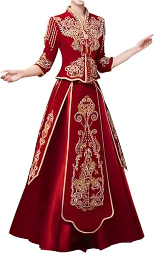 Kinesisk bröllopsklänning, Kinesisk bröllopsklänning Röd Xiuhe Cheongsams Set Dragon Phoenix Brud Toast Klänning Tang Kostym Formell Traditionell Qipao(10XL)