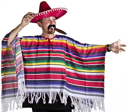 MEXICAN PONCHO röd SOMBRERO & TASH WESTERN FANCY TRÄDGÅRD KOSTER FÖR MÄNNISKOR EN STORLEK S-XL