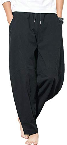 G-LIKE Herren Damen Haremshose Aladinhose - Chinesisch Retro Stil Weite Beine Yogahose Pilates Kampfsport Kung Fu Tai Chi Thailändisch Freizeit Knickerbocker Ausgeleiert Training Hose (Schwarz, XXL)