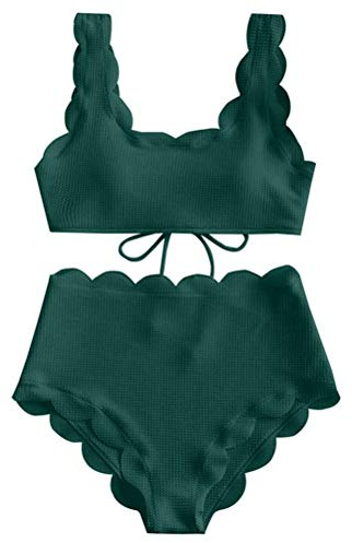 TSWRK Women's High Waist Bikini Vintage Scalloped Trim Two Piece Swimsuit(Size M) DarkGreen