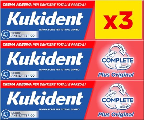 Kukident Complete Crema Adesiva Per Protesi Dentali Totali e Parziali, Tenuta Forte, Sapore Fresco. Confezione da 3x35g