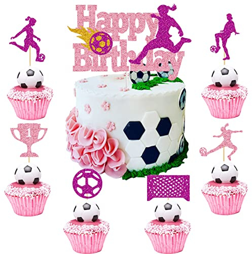 25 st fotbollstårtdekorationer, fotbollstårtdekoration för flickor, fotbollsfestdekorationer fotboll födelsedag rosa cupcake topper för barn flickor kvinnor sporttema födelsedag fotboll festtillbehör