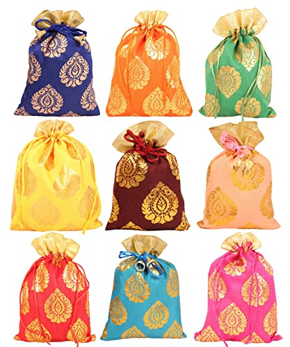Touchstone Drawstring Bags Tela de brocado tradicional india hecha a mano con patrón de hojas de ficus. Regalos Joyas Bodas Dulce Distribución Conjunto de 9 Bolsas Multicolores Monederos Potli.