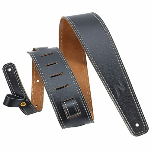 Nefelibata Guitar Strap, 2.5 Wide Black Lychee Grain Leather Guitar Straps with Foam Padding and Cable Storage Loop, for Kids, Men and Women, for Acoustic, Bass and Electric Guitars-Black