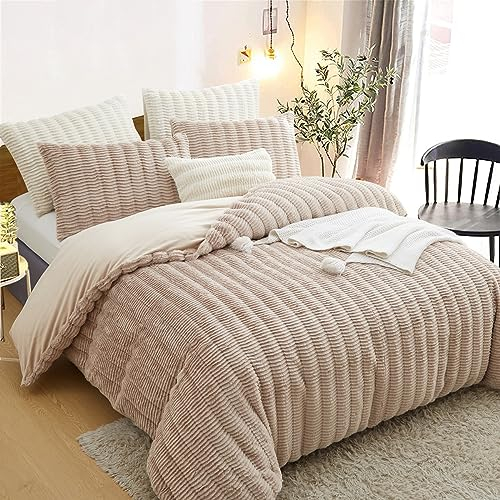 Lanqinglv Plüsch Bettwäsche 200x200 cm Khaki Flauschig Langhaar Kunstfell Dick Winterbettwäsche Warm Kuschelig Flanell Fleece Cashmere Touch Bettbezug mit Reißverschluss und 2 Kissenbezug 80x80cm