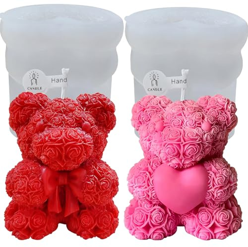 stampi per candele 3d orso stampi in silicone, rosa orso stampo candela, 2 pcs fiore stampo in silicone candela, stampi di colata, fai da te per saponi fatti in casa, regali di San