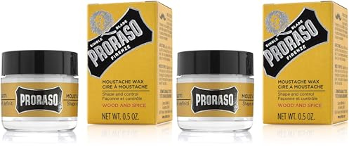 Proraso Cera bigote, Wood and Spice, 15 ml, cera barba y bigote con manteca de karité para peinar el vello facial y cera de abejas, con aroma amaderado (Paquete de 2)