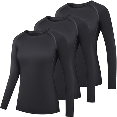 HovSiyla 3 Pack Women's Athletic Compression Long Sleeve Workout Tops Quick Dry Gym Running Yoga Shirts Black M