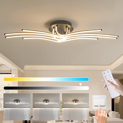 Liyabber Deckenleuchte LED Dimmbar Wohnzimmer Deckenlampe mit Fernbedienung, 56W Schwarz Wohnzimmerlampe aus Aluminium Modern 8 Flammig Deckenbeleuchtung mit Timing Funktion für Schlafzimmer, 118cm