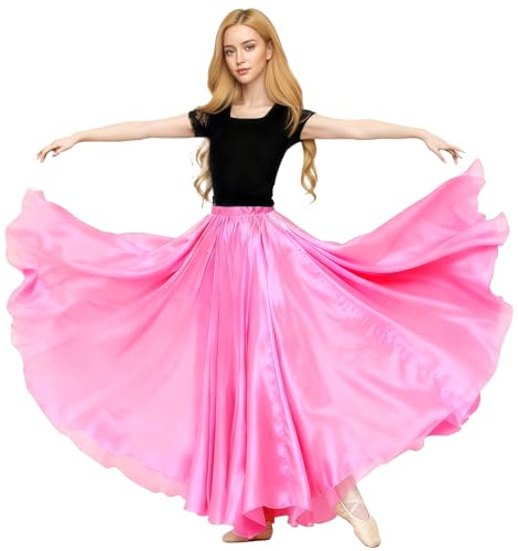Baisdan Gonna in Raso per Danza del Ventre, Costume da Festival, Gonna Lunga e Ampia, Rosa, Taglia Unica