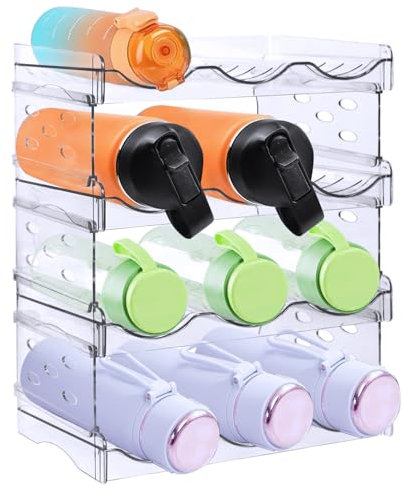 LOSYHU 4-Tier Water Bottle Organiser for Cupboard, Stackable Bottle Storage Rack, Plastic Water Bottles Holder Bottle Rack for Fridge Cabinet Pantry Office, 12 Bottles