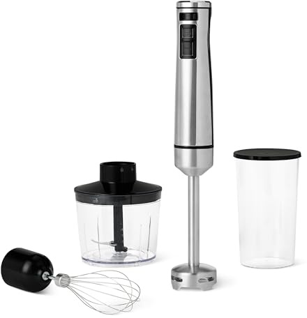 Amazon Basics - Frullatore a Immersione Manuale Multi-Velocità da 1000 Watt con Accessori, con Cavo, Colore Argento