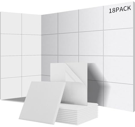 Sonuvia 18 pieza Paneles Acústicos Cuadrados autoadhesivos | Aislamiento acústico eficaz alta densidad (230kg/m³) NRC 0.95 cubre 1,62m² Perfectos para paredes y puertas,sala de juegos,Porcelana blanca