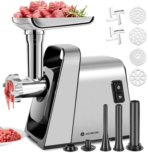 AAOBOSI Picadora De Carne Eléctrica 4-EN-1 Con 4 Placas De Corte De Acero Inoxidable, 1 Kubbe Y 3 Tubos Para Rellenar Salchichas, Motor 3000w Max, 2 Cuchillas