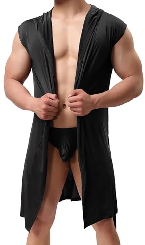TouKingda Men's Hooded Robe Lightweight Silky Sleeveless Bathrobe with Belt | Solid Dressing Gown Spa Bathrobe, Soft Summer Casual Sleepwear Pajamas for Home & Loungewear