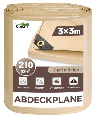 COVALL Telone Impermeabile Esterno 3x3m 210g/m² Beige Telo Anti-UV