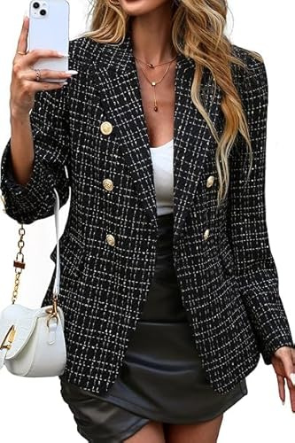 FM2018XSL Giacche Tweed da Donna, Open Front Plaid Tweed Suit Jackets Giacca da Ufficio a Maniche Lunghe Casual Blazer con Tasche Elegante Cappotto