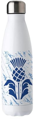 Purely Home Scottish Thistle Water Bottle - Reusable Double Walled 500ml Hot/Cold Drinks Outdoor Bottle Scotland Gifts - Blue & White