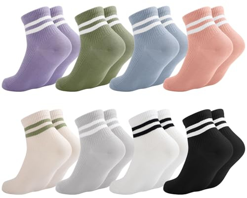 Runmeihe 8 Pairs Striped Crew Socks for Women, Cute Casual Cotton Retro Athletic Tube Sock for Running Tennis Sport Office Home School (UK, Numeric, 4, 7, Regular, Regular, 8Colors)