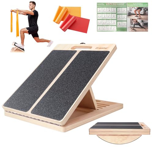 Draome 2 in 1 Balance Board & Slant Board, Adjustable Wooden Calf Stretch Board with Training Poster & 2 TPE Bands, 330 Lbs Weight Capacity Board for Body Balance Training, Calf Muscle Stretching
