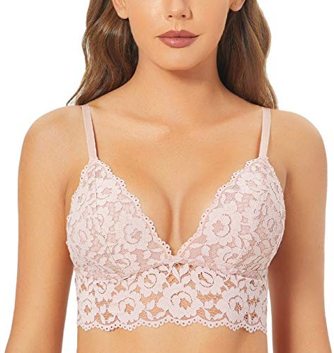 DOBREVA BH Damen Ohne Bügel Spitze Abnehmbare Gepolstert Tiefer Ausschnitt Lace Bra Nacktes Rosa L