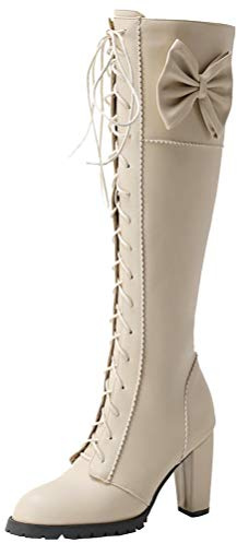 Birdsight Lolita Bottes à Lacets pour Femmes à Talons Hauts et Blocs Fermeture à Glissière Knee High Bottes Longues avec Noeud