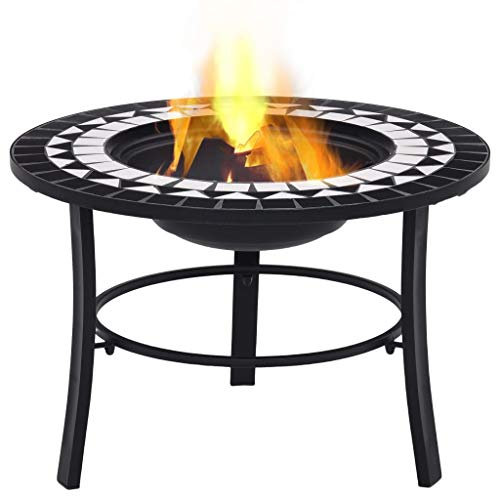 Bulufree Brasero de mosaico para terraza, rejilla de fuego, rejilla para chispas, cesta para fuego, firepit, cuenco para calefacción, color blanco y negro, 68 cm de cerámica