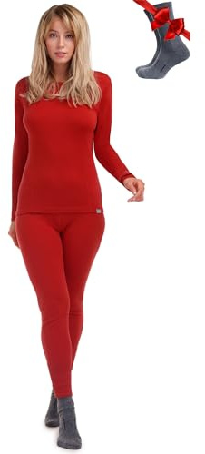 Merino.tech Conjunto Lana Merino Mujer - 100% Termica Lana Merino Camisa y Pantalon Medio con Calcetines (Small, 250 Cherry Red)