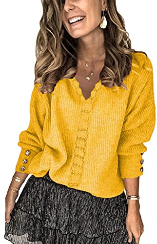 Tomwell Pull Tricot Femme Sweat-Shirt Tricoté Hiver Pullover Ajouré Grande Taille Col en V Manche Longue Casual Sweater Top Lâche Souple Chaud A Jaune XXL