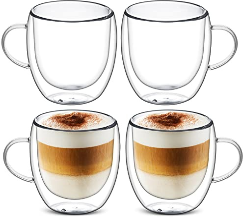 Sorfity Cappuccino Glass Mugs, Set of 4 Double Walled Espresso Mug Cups Glass Mug Set Insulated Clear Drinking Glass Coffee Cups with Handle for Latte, Cappuccino, Tea Bag, Juice (250ml /8.45oz)