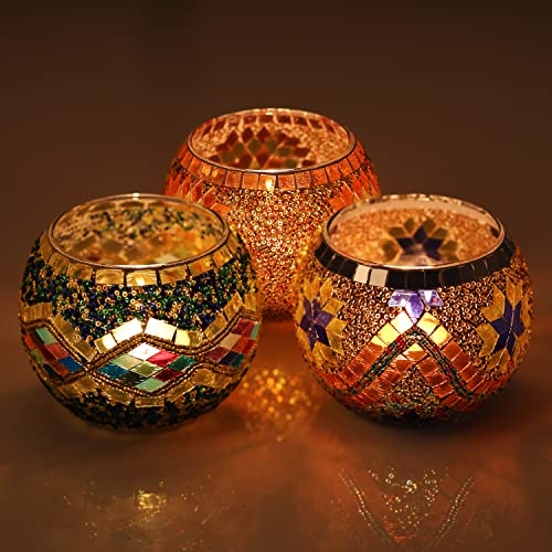 Belle Vous Orientalisches Windlicht Glas Set für Votivkerzen & Teelichter (3 STK) - B10,2 x H7,8 cm - Bunte Mosaik Teelicht Gläser - Für Aromatherapie Geschenk, Haus & Hochzeit Tischdekoration