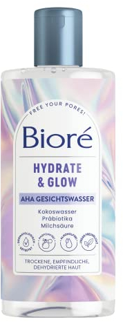 Bioré Hydrate und Glow - AHA Gesichtswasser - Inhalt: 235 ml - Hauttyp: trocken, empfindlich, dehydriert - Mit Kokoswasser, Präbiotika nd Milchsäure