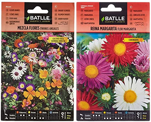 Semillas Batlle Mezcla Flores ENANAS anuales, Multicolor & Reina Marg. FLOR MARGARITA