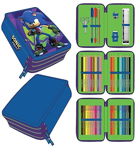Federmappe Sonic Prime - Mäppchen mit Zubehör - Farbe Lila und Blau - 12,5x6,5x18,5 - Aus Polyester - Federmäppchen mit Drei Fächern und Reißverschluss - Original Produkt in Spanien Designed