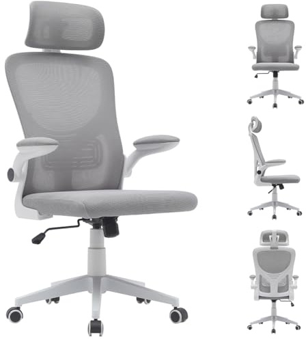 BAKAJI Chaise de Bureau Ergonomique en Tissu Respirant et Anti-Transpiration, Dossier avec Support Lombaire et appuie-tête, Fauteuil d'étude Bureau Hauteur réglable à gaz 116-126 cm (Gris)