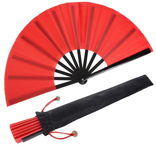 2 Pezzi Seta Mano Scomparti Cinesi Tai Chi Ventaglio Nylon Panno Kung Fu Fan Supporto Manica per Prestazioni e Decorazioni Festival (Rosso)