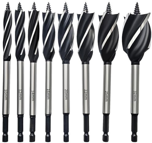 HPMAISON Wood Drill Bit Set, 8PCS Reaming Drill Auger Bit, 10mm,12mm,14mm,16mm,20mm,22mm,25mm,32mm, High Carbon Steel Fast Cut Woodworking Drill Bit for Soft & Hard Wood, Plastic