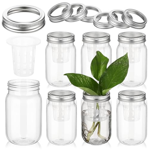 Hushee 6 Sets Plastic Mason Jars Table Centerpieces with Net Cup Pots Clear Mason Jar Vase with Lids Plant Propagation Station with Hydroponic Baskets for Home Office Table Centerpieces