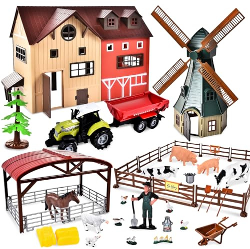 JONRRYIN Farm Animal Playset, 33pc Farm Toys with Windmill House, Horse Stable, Tractor Trailer, Farmer Fence, Cows, Animals, Gifts for Kids Boys Children 3-7 Years Old