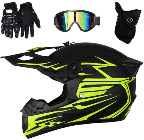 Kinder Motorradhelm Downhill Set - Leichter Vollvisierhelm mit stylischem Heckflügel-Design, Belüftung + Brille+Handschuhe für Jungen/Mädchen (MTB/BMX/Enduro)(As Yellow,XL(58~59cm))