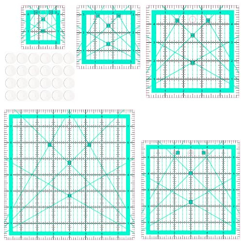 Evadollina 5 Stück Quilt Lineal, Geodreieck Groß, Patchwork Lineal und 24 Anti-Rutsch-Aufkleber, Nählineal, für Den Mehrfachgebrauch (2,5/3,5/5/6/8 Zoll)