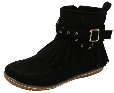 Générique Bottines plates pour femmes, bottines Chelsea, bottes western, détails à franges cloutées, bottes d'hiver confortables et chaudes en daim synthétique (Noir,38)