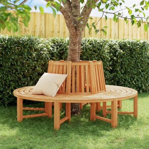 Zeehear Lot de 2 bancs d'arbre semi-circulaires - Diamètre : 201 cm - En teck massif - Résistant aux intempéries - Banc de jardin avec dossier pour extérieur - Meubles de terrasse