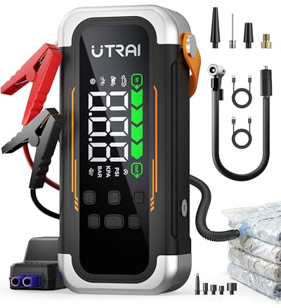7000A Arrancador de Baterías de Coche con Compresor de Aire y Soplador,UTRAI 12V Arrancador de Coche Portatil con 30W PD,Luz de Emergencia,Pantalla LCD,800-Lumen LED (Todo Gas/12,0L Diésel)