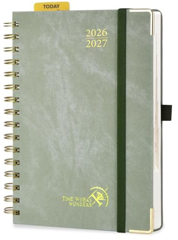 POPRUN Agenda 2026 2027 Journalier Scolaire Format A5 21,5 x 14,5 cm | 1 Page par Jour,Août 2026-Juil 2027(12 Mois),Couverture Rigide en PU Cuir Spirale,Règle-signet,Papier 80g/m²,Vert Olive