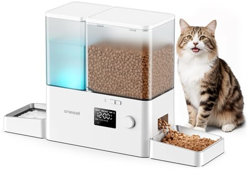 oneisall Comedero automático para Gatos y dispensador de Agua, 36 Tazas/8,5 L, 2 en 1, Agua Dulce, Gran Capacidad, dispensador de Alimentos para Gatos con Temporizador de 5L y Fuente de Agua de