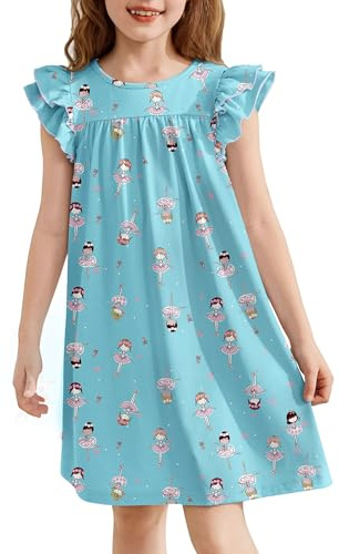 Arshiner Camisón para Niña con Mangas Volantes Vestido de Dormir para Niñas Verano Pijama de Manga Corta Cuello Redondo 9-10 Años Chicas-Azules