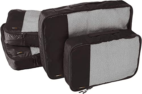Amazon Basics Organizador Para Maletas, Organizadores de Viaje, con Cremallera, Juego de 4 Bolsas, 2 Grandes y 2 Medianos, Negro