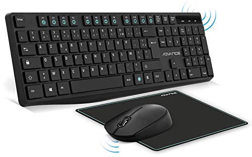 Advance | Elite Wireless Combo | Ensemble Clavier Souris sans Fil +Tapis | Kit Bureautique pour PC/Portable | Clavier Ergonomique | Souris Optique 1600 DPI et Molette Silencieuse | Tapis Antidérapant